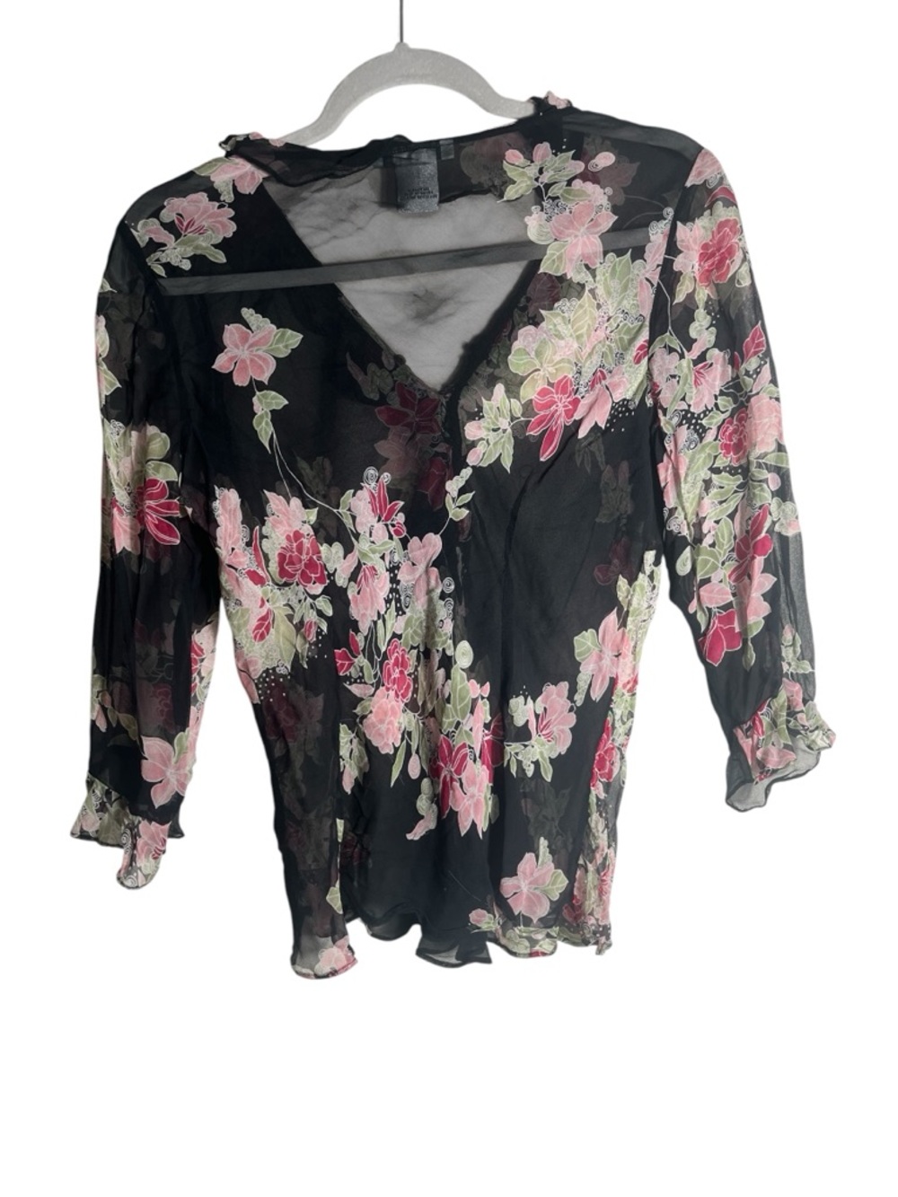 Vintage Y2K Silk Sheer Floral Blouse Black Pink Romantic Tie Front Size L - Picture 3 of 5